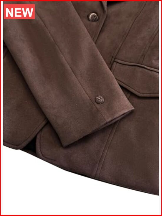 Faux Suede Blazer with Pockets, Long Sleeve Open Front Lapel Jacket - Picture 5 of 6